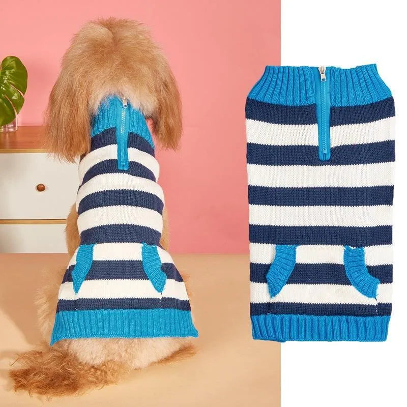 Grey dog sweater with blue horizontal zipper and button pocket on a small dog.