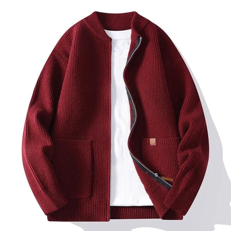 Men's striped cardigan jacket in a straight fit, shown in beige colour.