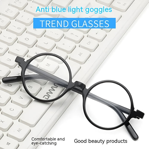 Retro round non-prescription glasses in bright black, sand black, tofu pudding and transparent grey colour options.