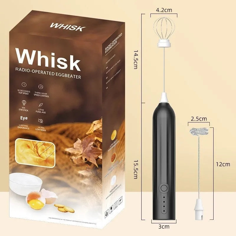 Mini handheld electric milk frother in black, white, or khaki colour with stainless steel whisk and USB port.