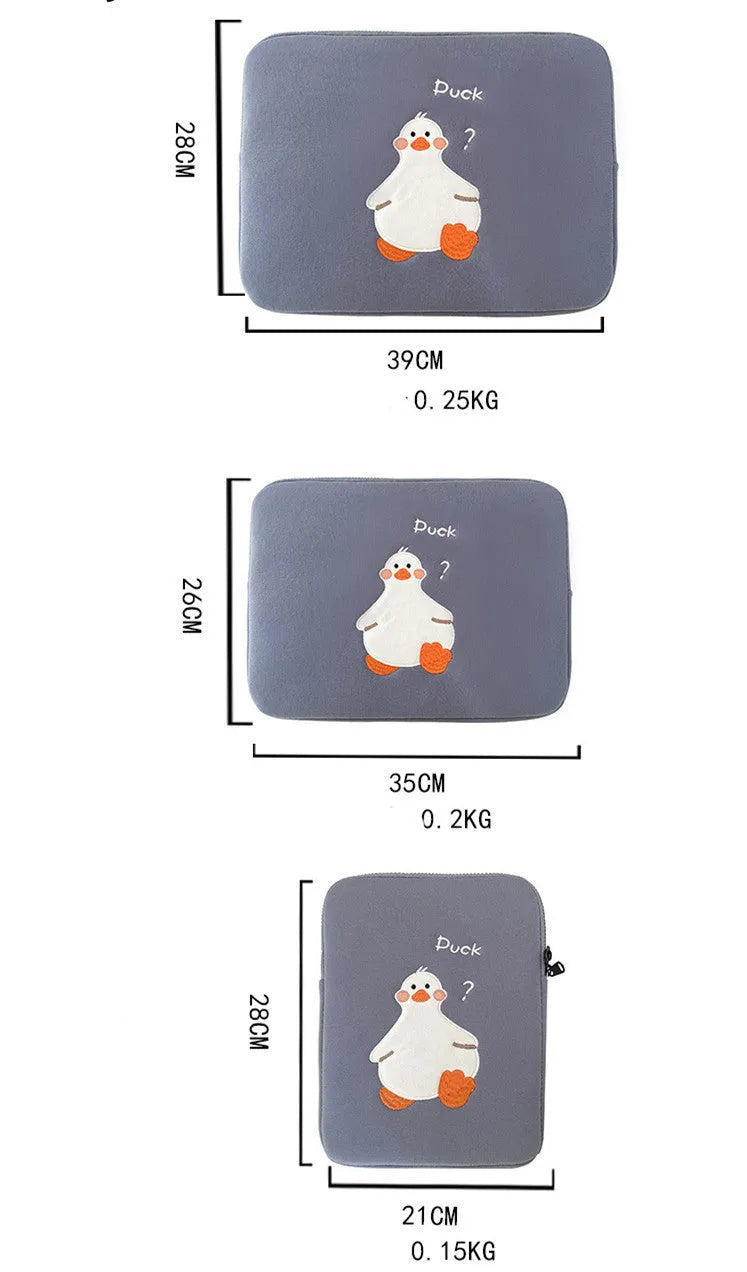 Blue tablet case with cartoon duck embroidery design and zipper closure