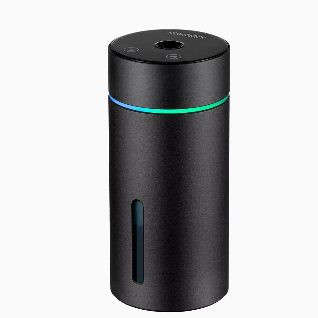 Black aluminium car humidifier and essential oil diffuser with colourful night light on, 66mm wide.