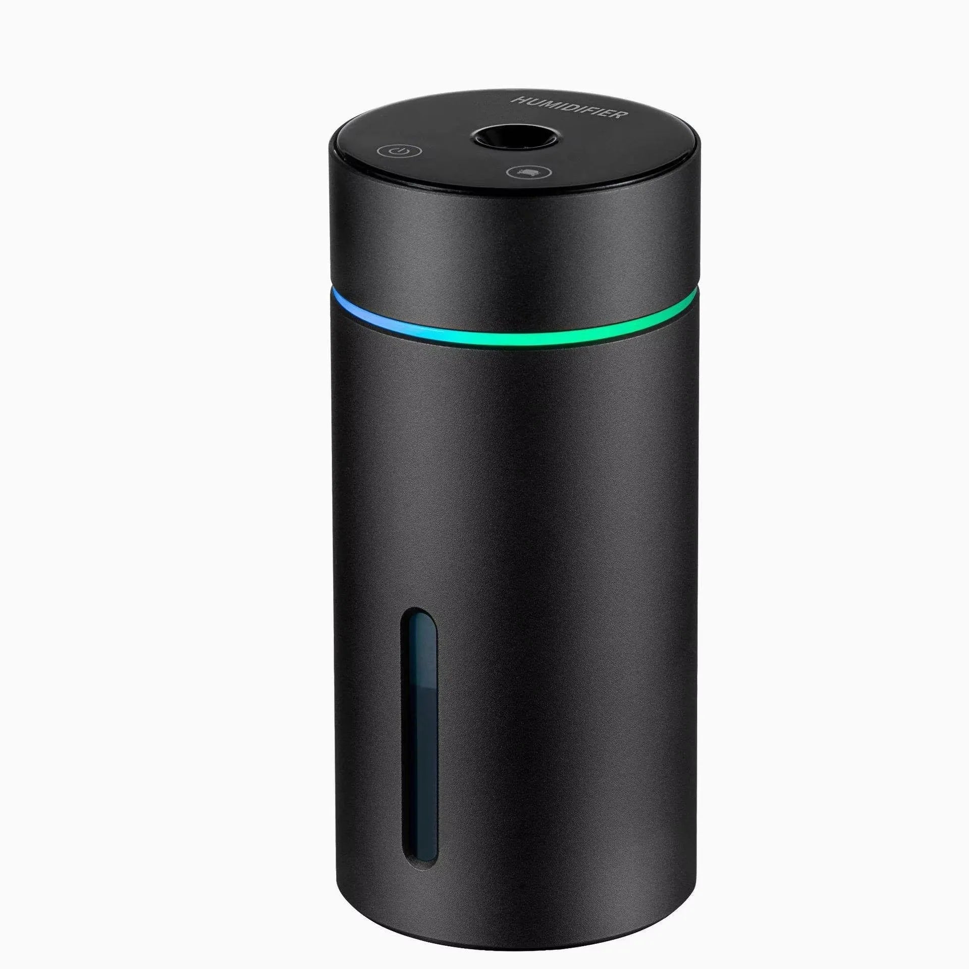 Black aluminium car humidifier and essential oil diffuser with colourful night light on, 66mm wide.