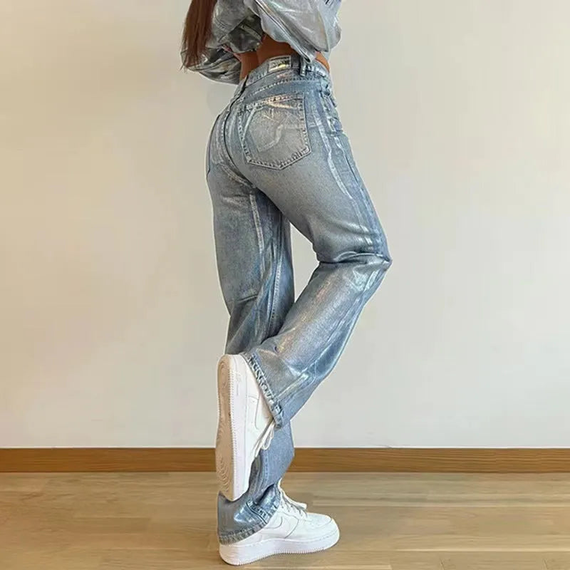 Personality blue high-waist straight-leg jeans with contrast colour details on cotton denim fabric
