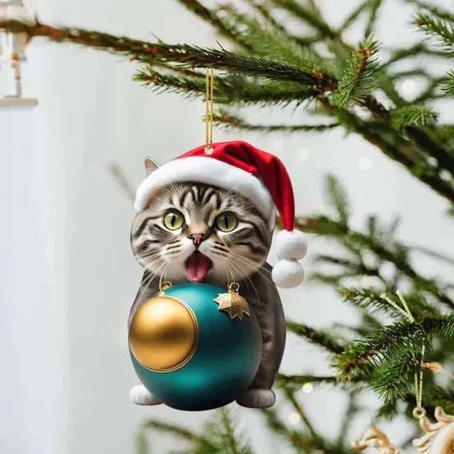 Christmas-themed cartoon cat car hanging ornament made of clear acrylic, shown in one of ten colour variants.