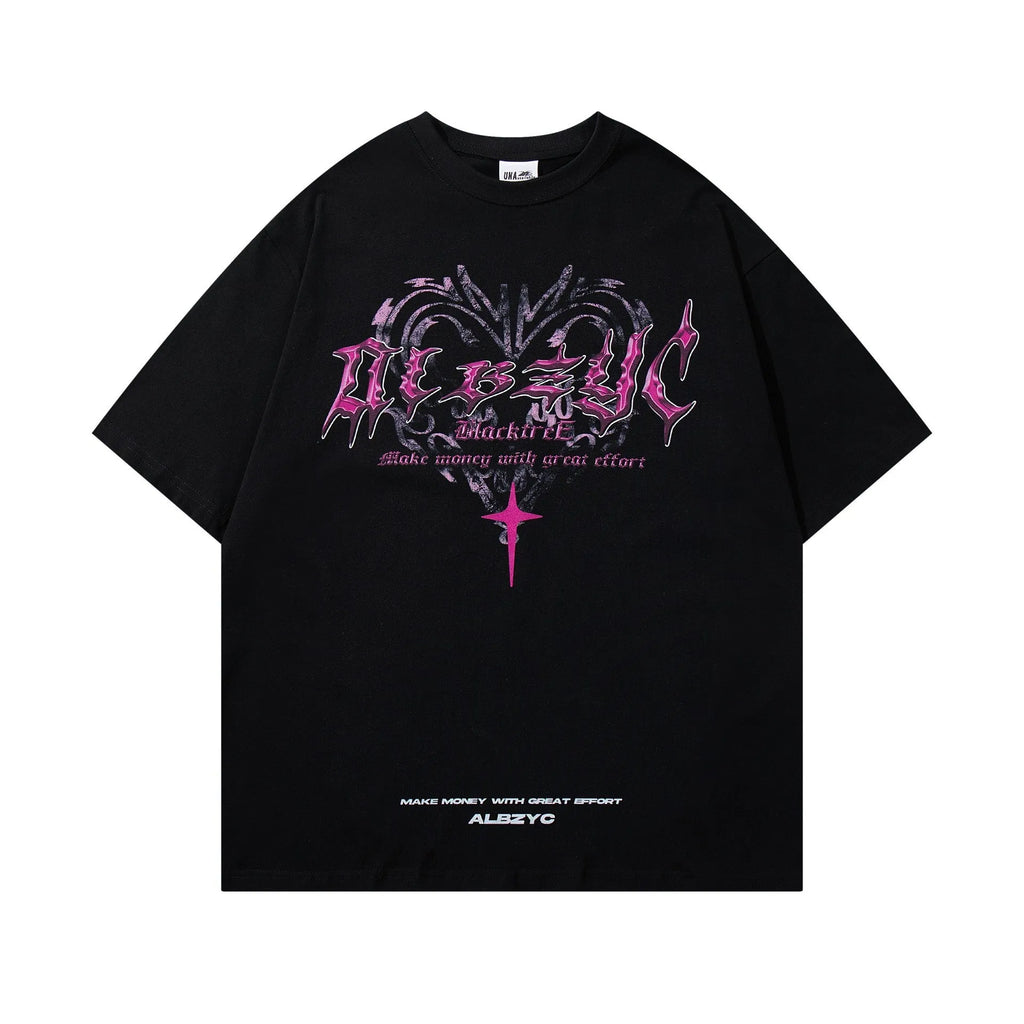 Man wearing a black loose fit cotton t-shirt with a retro graphic print on the chest.