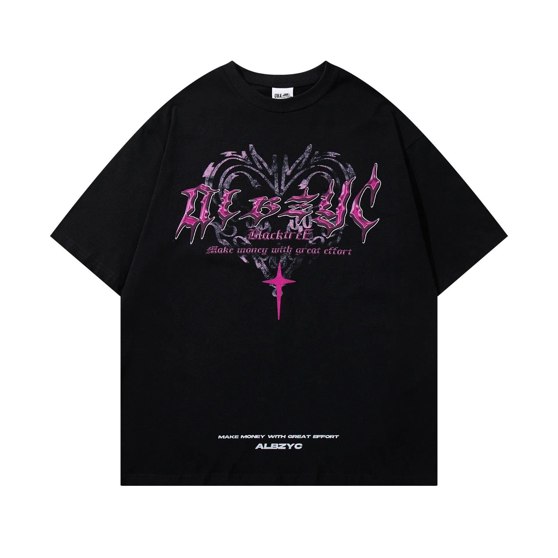 Man wearing a black loose fit cotton t-shirt with a retro graphic print on the chest.