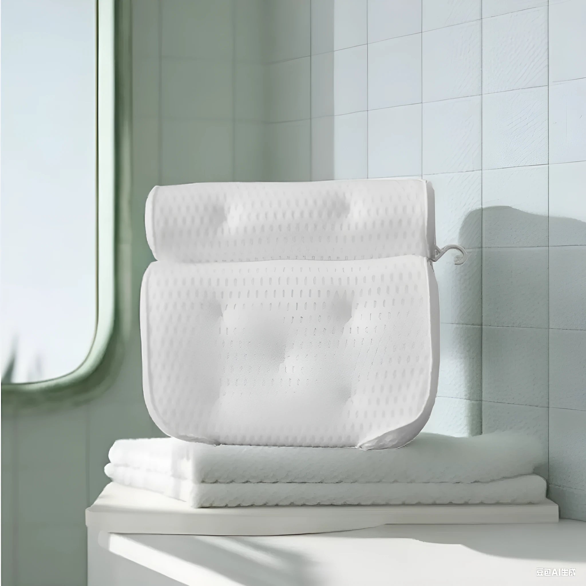 White 4D mesh bathtub pillow with suction cups, shown on bathtub edge.
