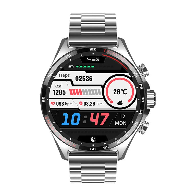 Smart watch with health monitoring display showing heart rate and activity data