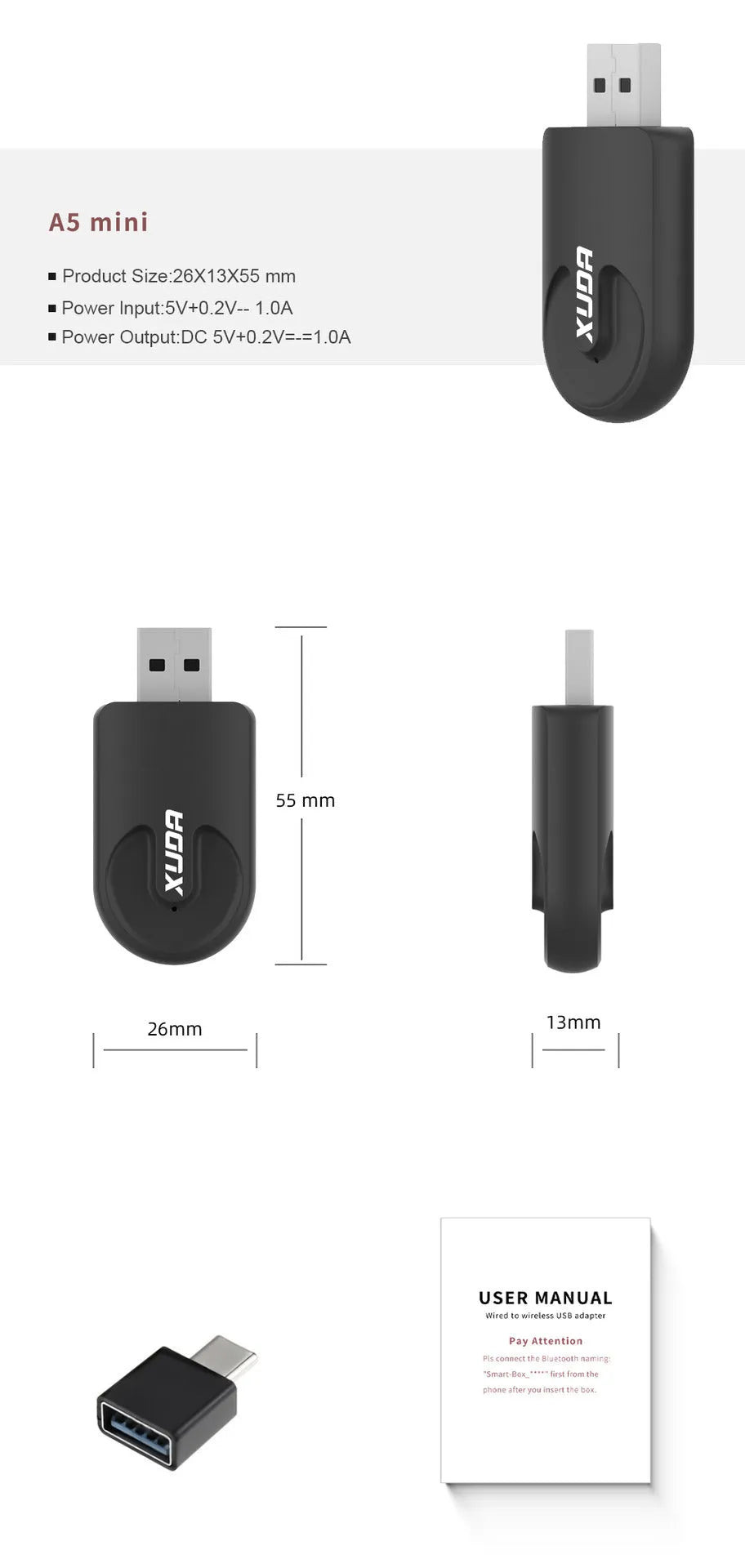 Black mini 2-in-1 CarPlay USB wireless data adapter showing compact dimensions