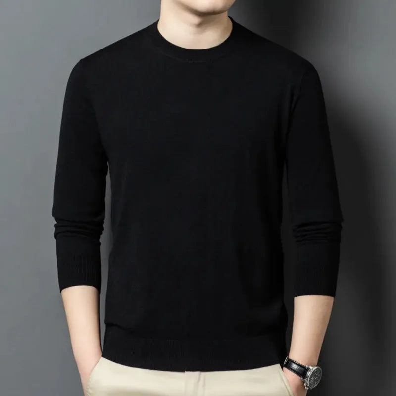 Men's round neck grey wool blend pullover sweater with long sleeves on a hanger.