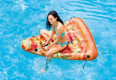 Inflatable pizza float surfboard recliner measuring 175cm by 145cm with colourful slice design