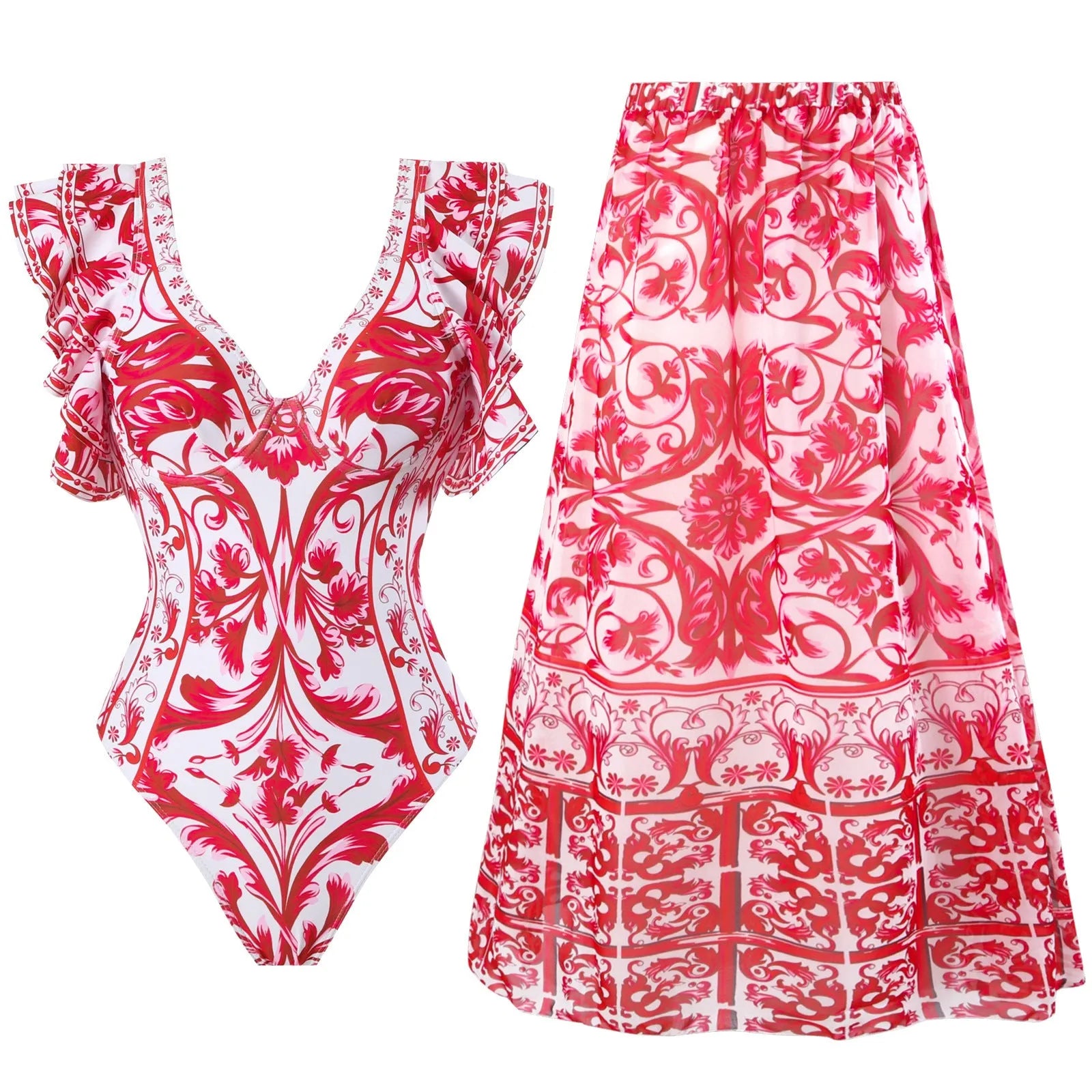 Women's one-piece polyester swimsuit in printed rose pink or blue with optional skirt design