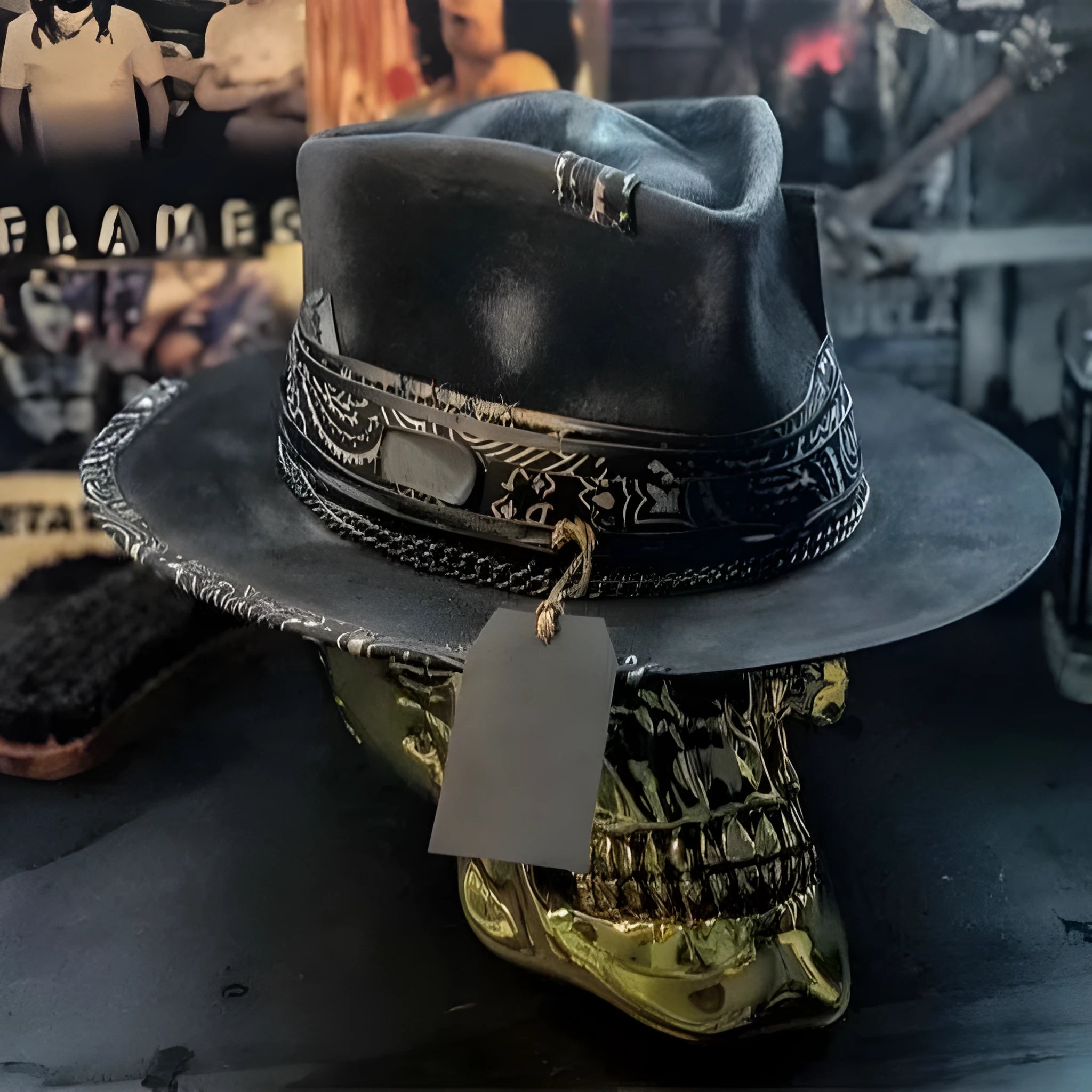Handmade wool felt skull hat with a conical crown on a neutral background