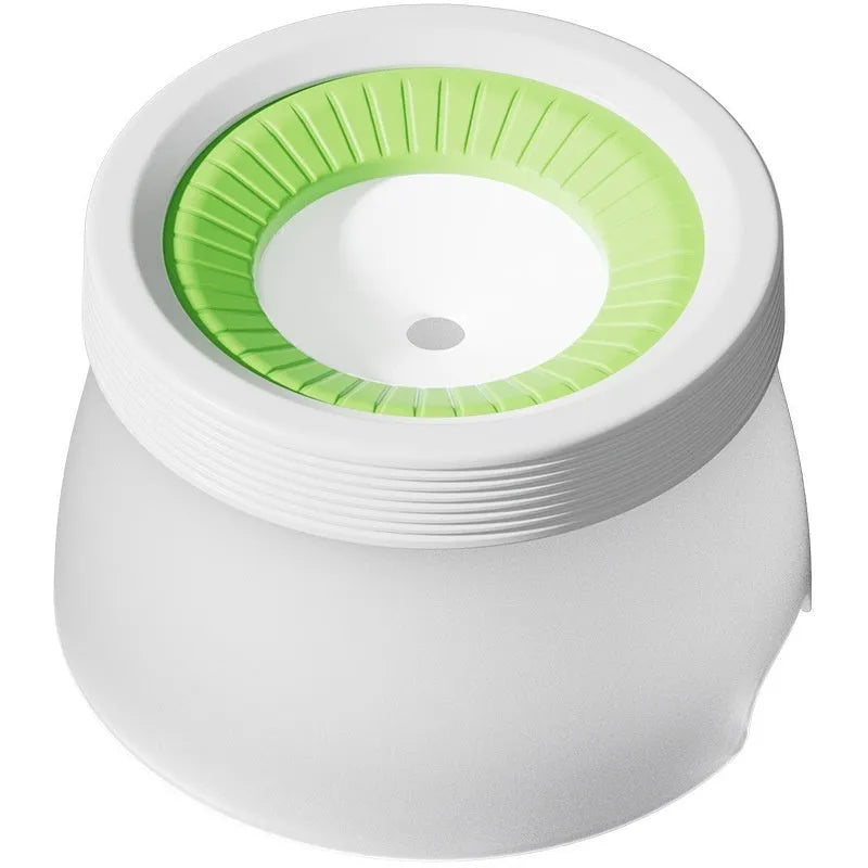 Suspended pet water bowl with non-wet mouth design in blue, green, and brown colours