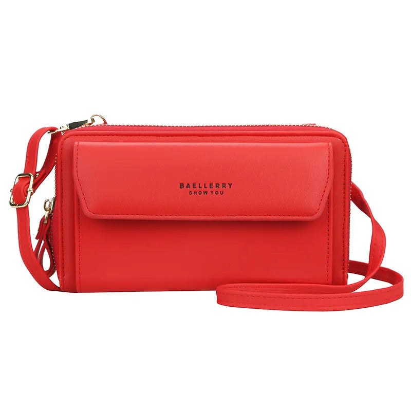 PU leather ladies long wallet with double zippers in horizontal square shape showing colour options