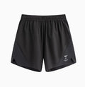 Men's black running shorts with laser stitching detail on a grey background
