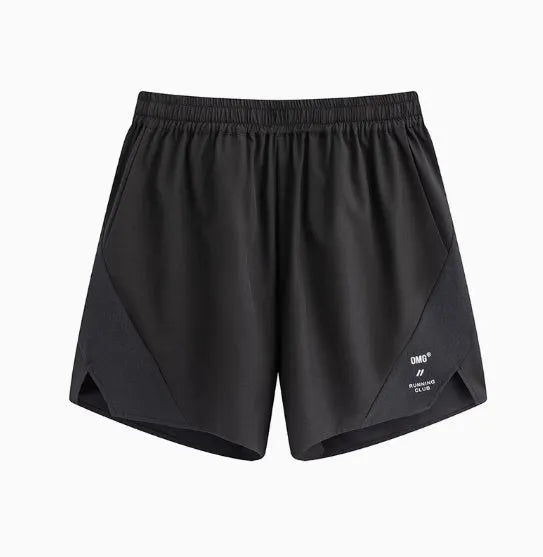 Men's black running shorts with laser stitching detail on a grey background