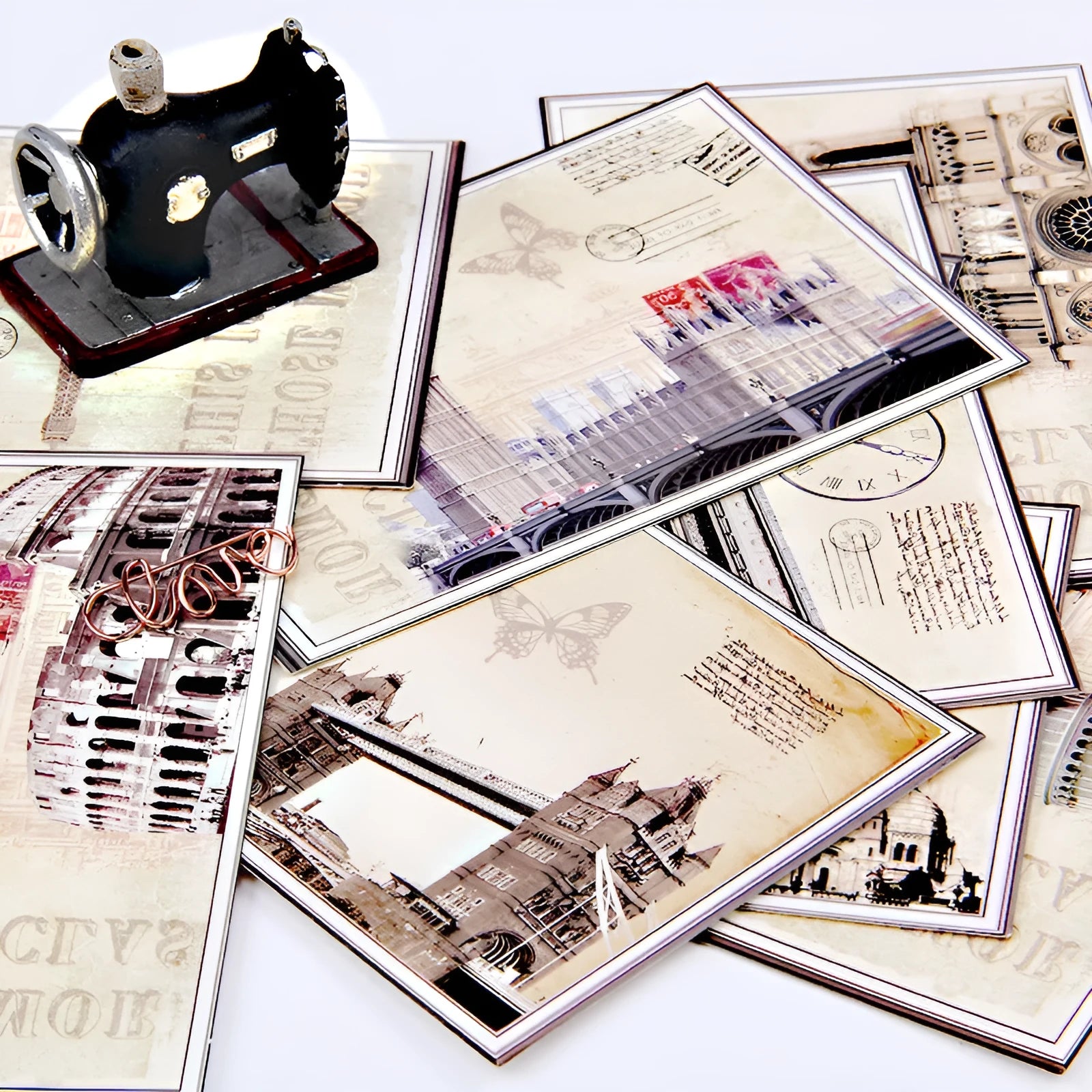 Set of 9 retro Paris Tower postcards with Japanese minimalist cartoon ink painting style design for gifts and decor