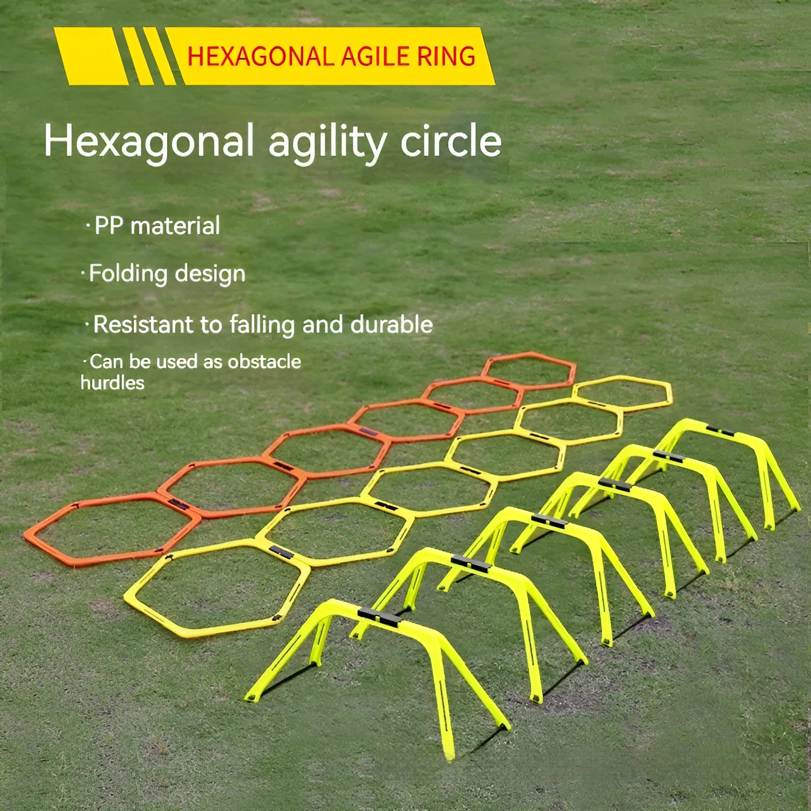 Set of six foldable yellow, green, and orange hexagon plastic agility rings for football training.