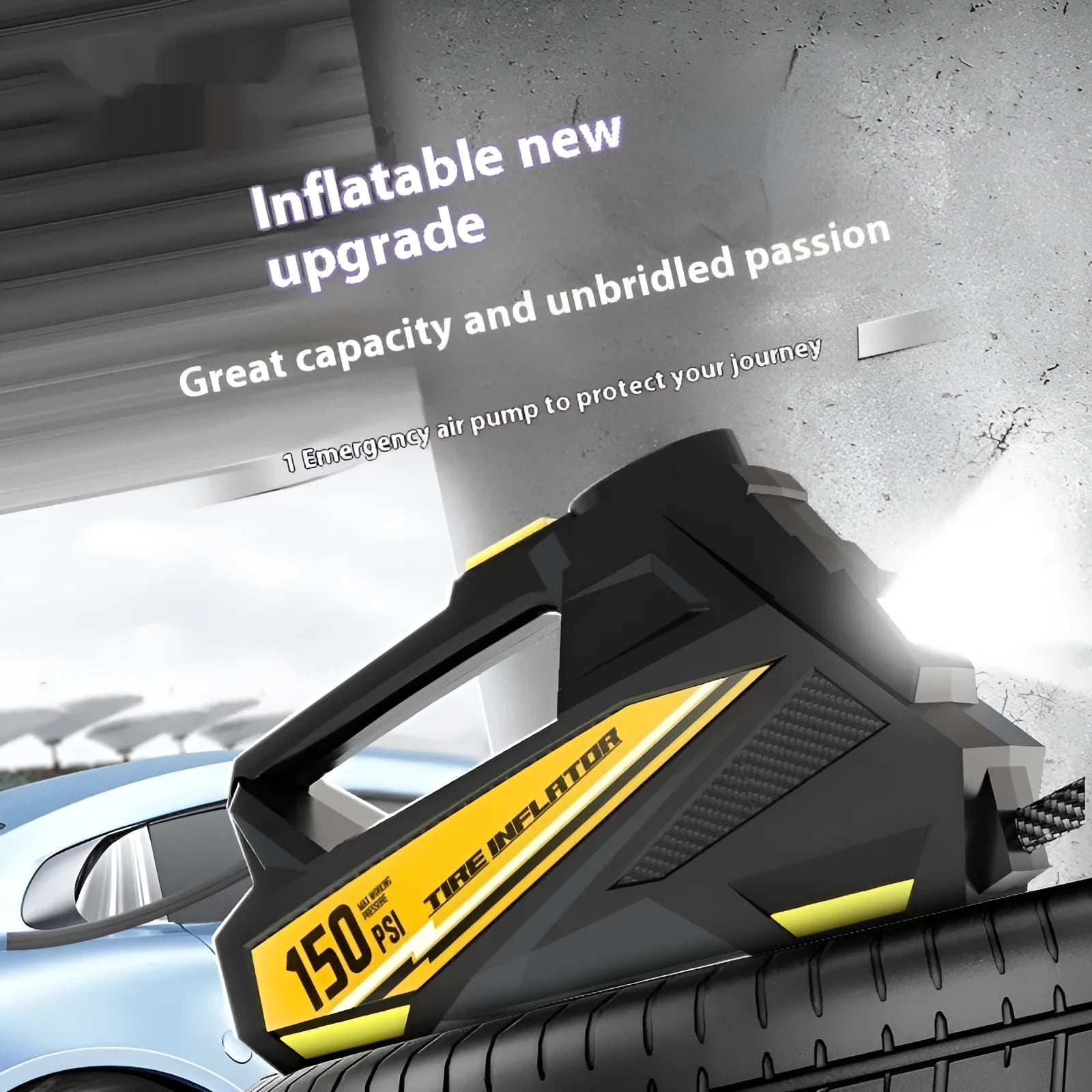 Black vehicle-mounted tyre inflator with digital display and LED lighting