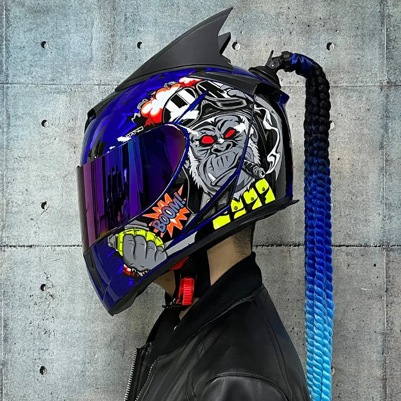 Couples' Dirty Braids graphic full face motorcycle helmet in ABS plastic on a white background.