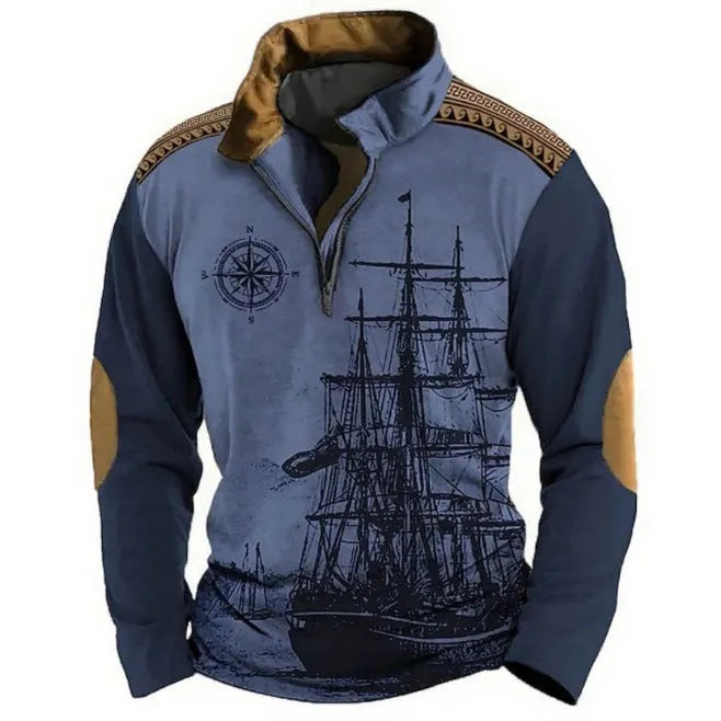 Men's loose-fit long-sleeved t-shirt with retro colour printing and a zip decoration detail.