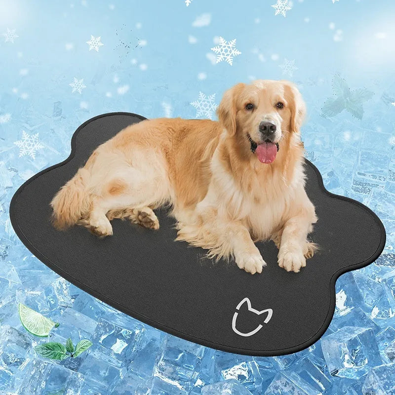 Ice silk pet cooling mat with dog head shape design in light gray colour