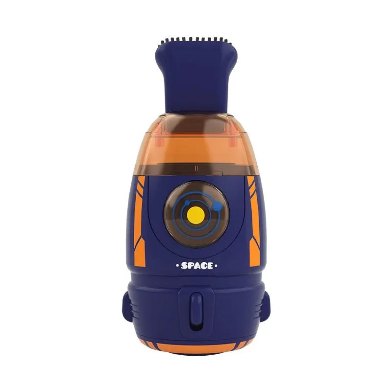 USB charging handheld desktop vacuum cleaner in blue rocket design on computer keyboard