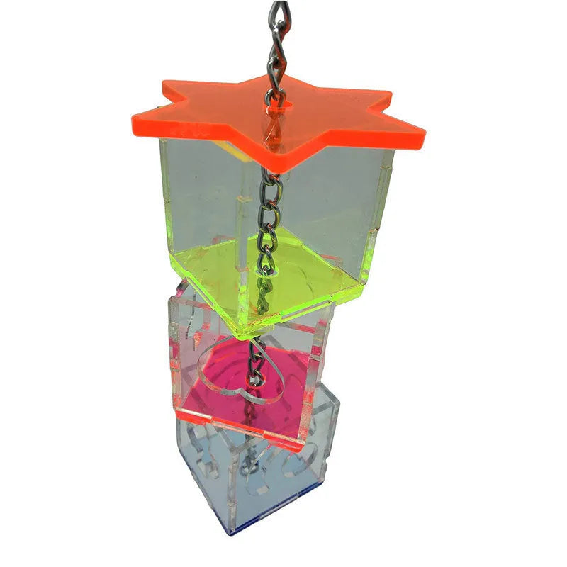 Clear acrylic parrot foraging toy measuring 5x5x32cm for bird enrichment with food container