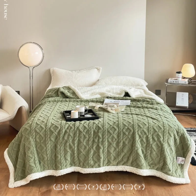 Thermal flannel winter blanket in tea green colour showing taffeta texture and modern simple styling