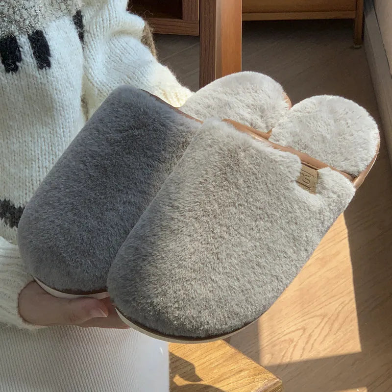 Solid colour winter plush house slippers with non-slip PVC sole in blue, brown, coffee, pink, or white