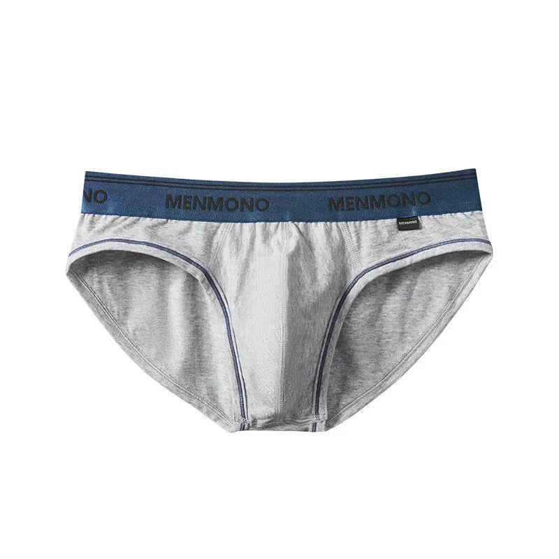Men's low waist cotton briefs showing solid colour block design in various two-tone combinations.