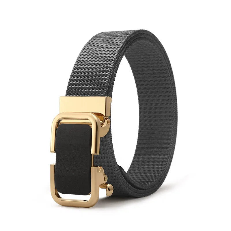 Men's nylon canvas belt with a silver toothless alloy buckle on a grey strap.