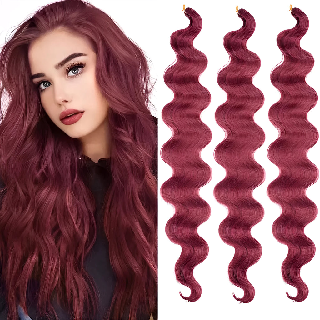 24-inch wine red synthetic wig with big wave texture and crochet braid base
