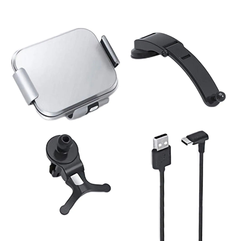 Grey and white car wireless charging phone bracket with folding screen, air vent clip, and suction cup mount.