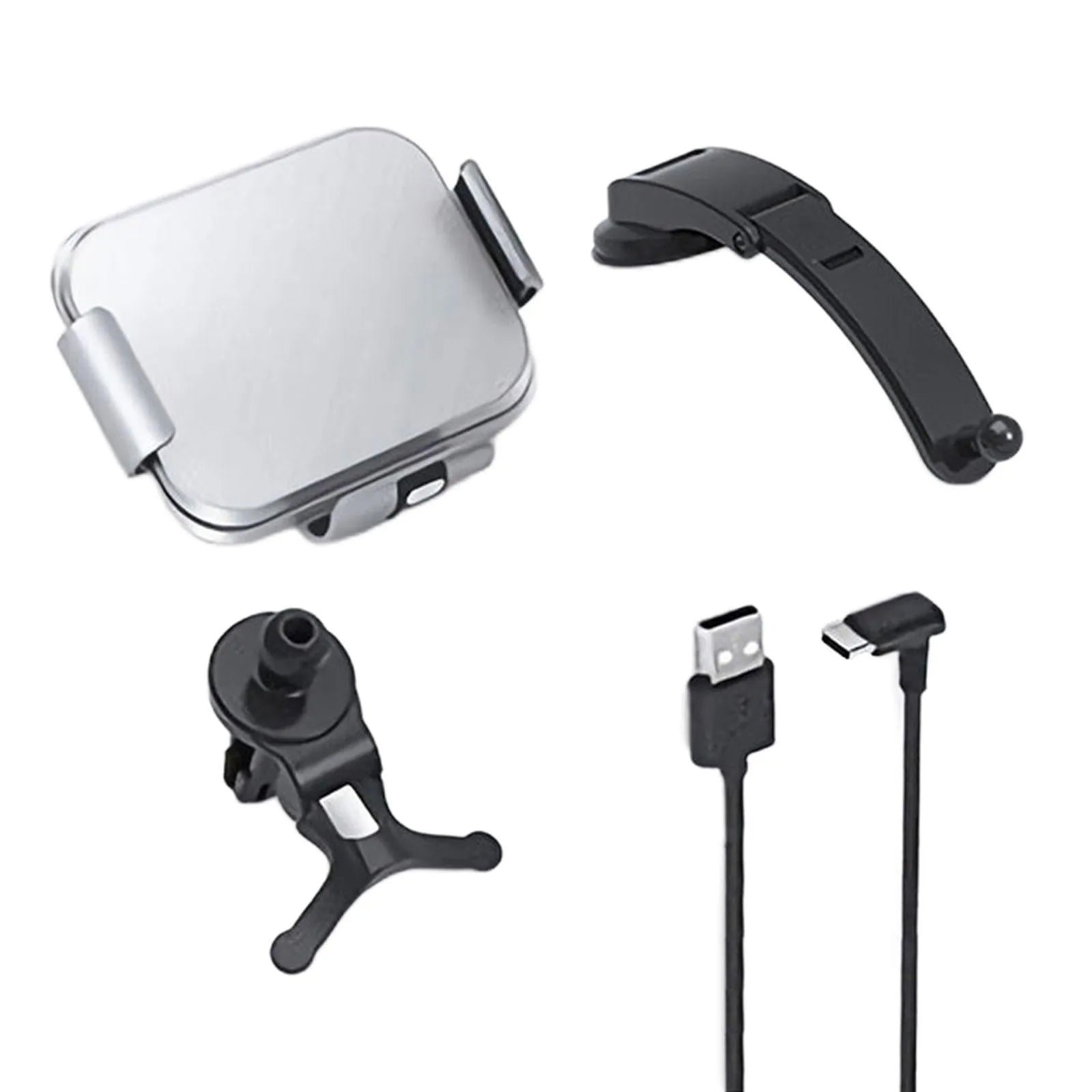 Grey and white car wireless charging phone bracket with folding screen, air vent clip, and suction cup mount.