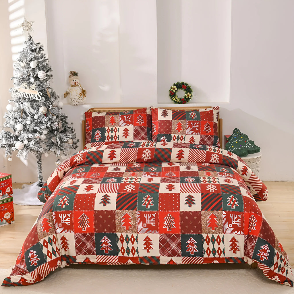 Christmas red and black plaid patterned quilt cover and pillowcases on a bed