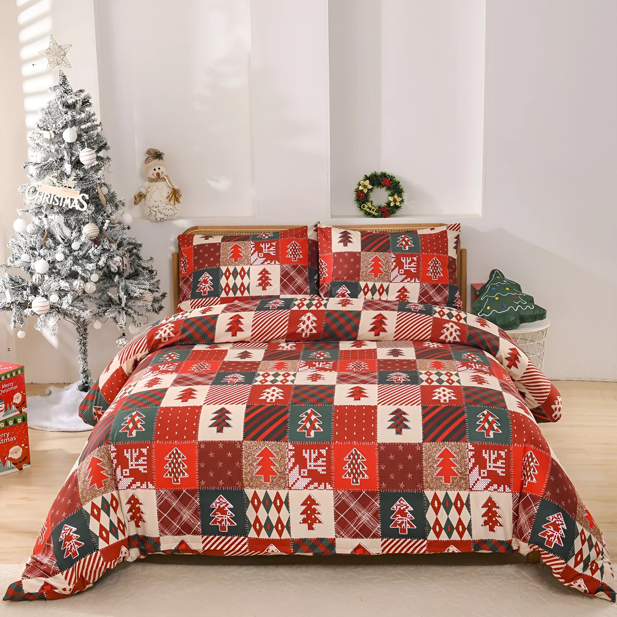 Christmas red and black plaid patterned quilt cover and pillowcases on a bed