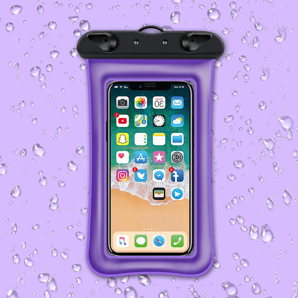 Orange waterproof phone pouch with double airbag design and a black lanyard.