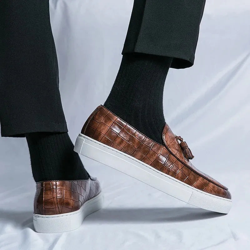 Men's black business casual sneakers with tassel detail and round toe design
