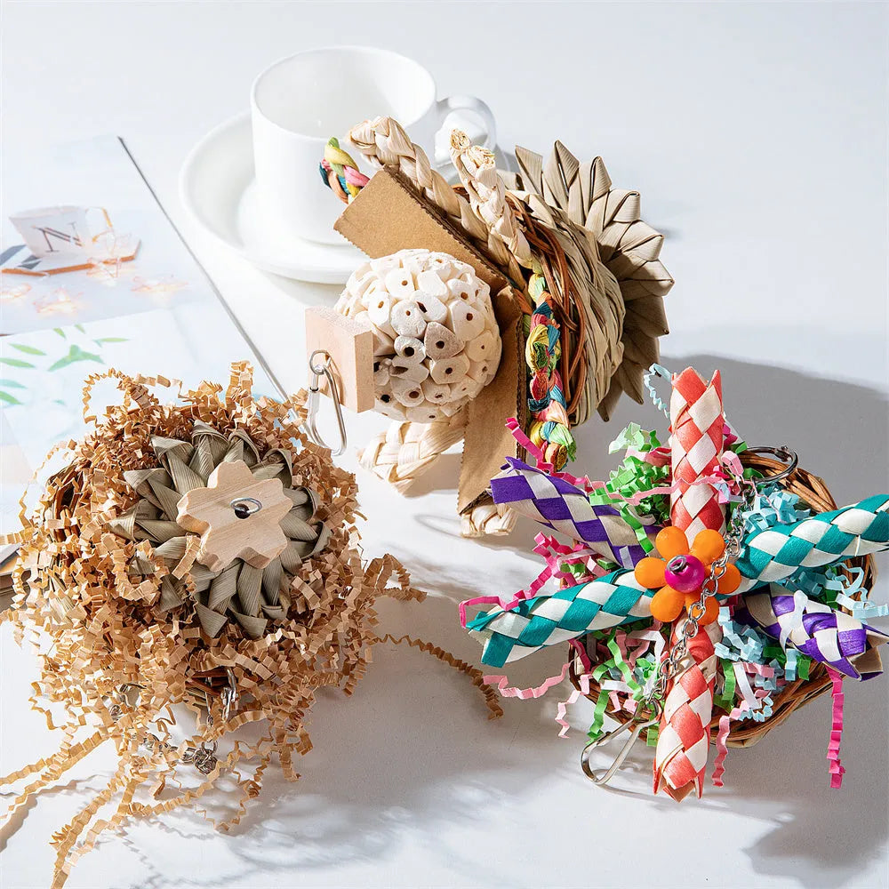Parrot gnawing toy for beak maintenance in three different type specifications