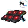 Ice Magic 6 black and red laptop cooling pad with six fans, shown with USB cable.