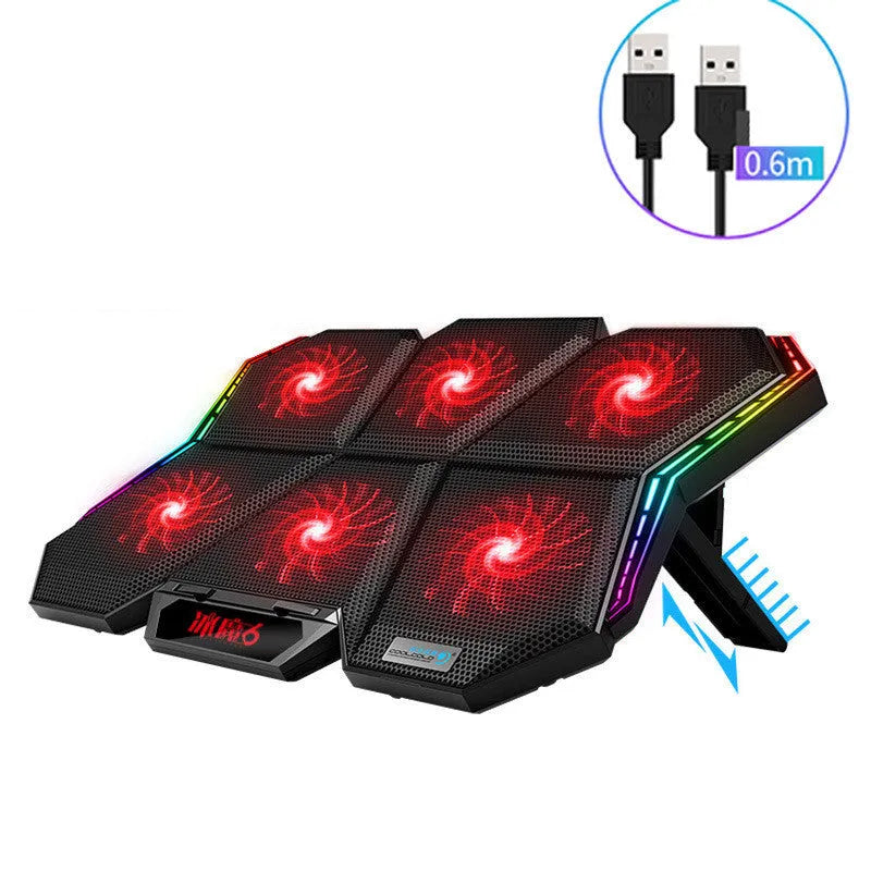 Ice Magic 6 black and red laptop cooling pad with six fans, shown with USB cable.