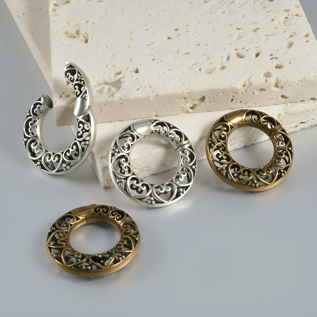 Retro hollow heart and lotus magnetic earrings in antique silver and gold finishes