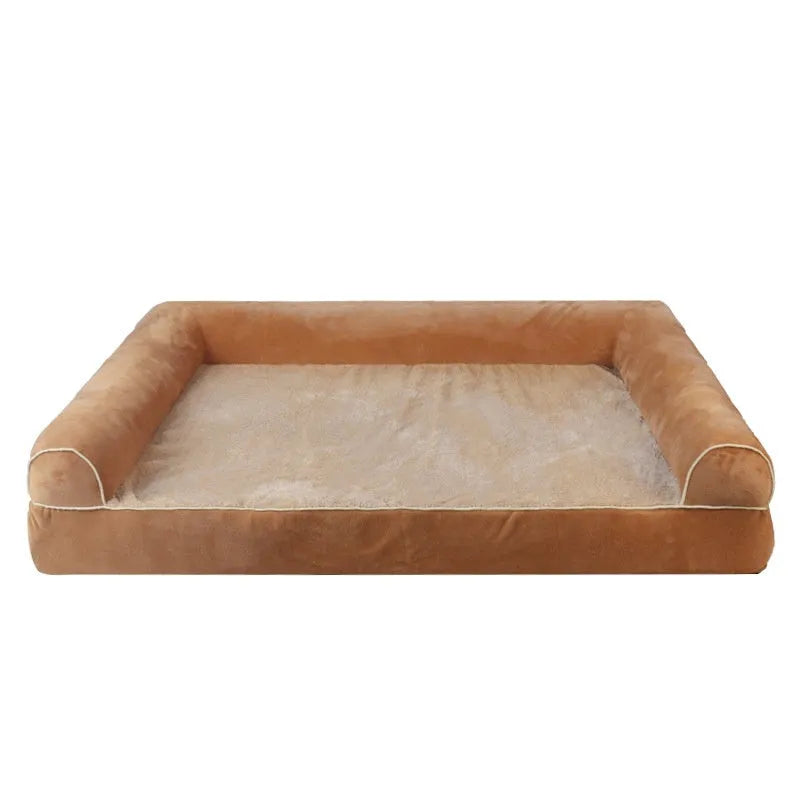 A square, cloth-covered sponge dog bed shown in blue, with a dog resting on it.