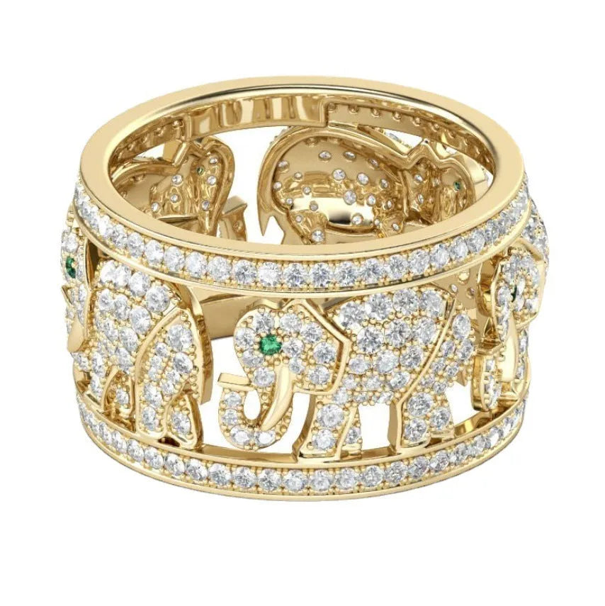 Creative elephant fashion ring with full diamond design on electroplated alloy, shown in silver and patterned colour options