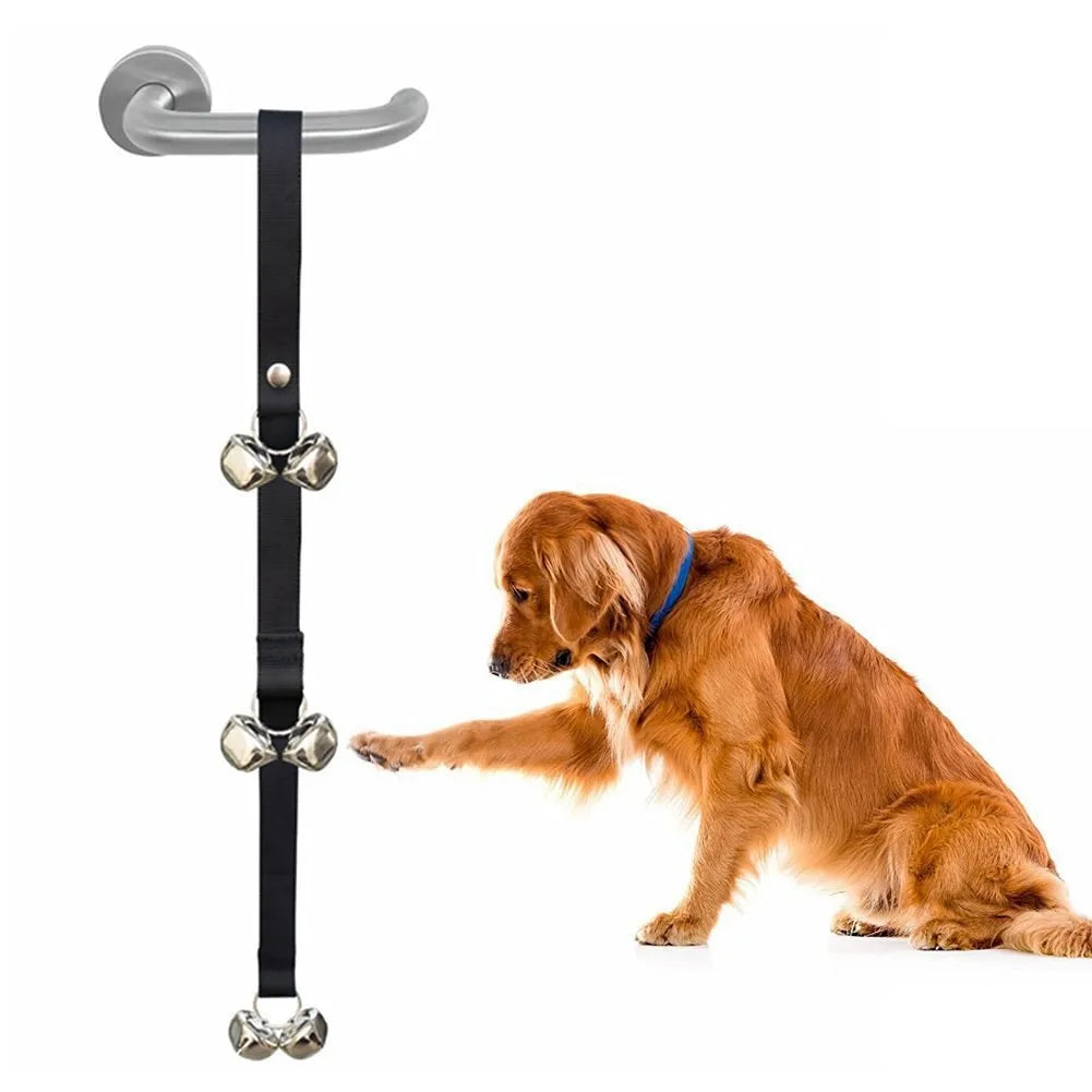 Adjustable dog training doorbell with seven silver metal bells on a heavy-duty nylon strap