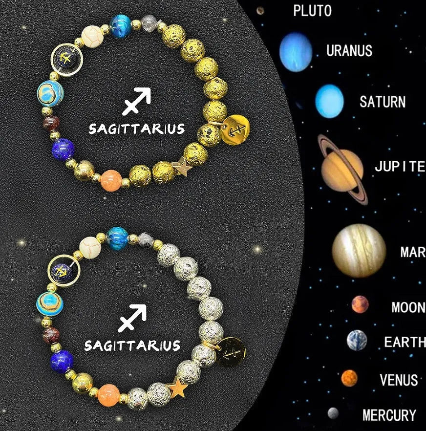 Two natural stone beaded bracelets showing zodiac sign charms on a wooden surface.
