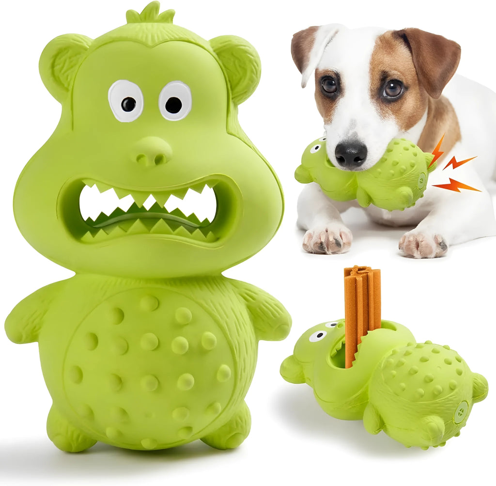 Green and yellow thick natural rubber dog toy with squeaker for large breed aggressive chewers.